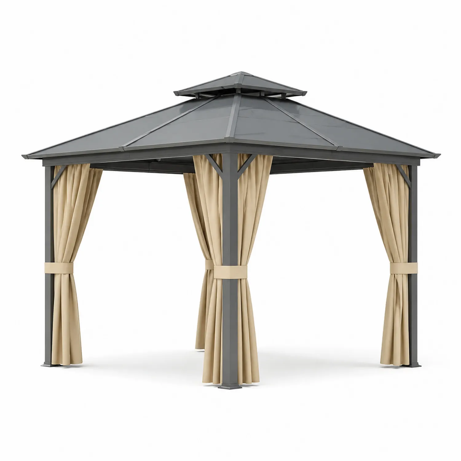 Pavillon en aluminium avec toit en polycarbonate et rideaux beiges-Velriver