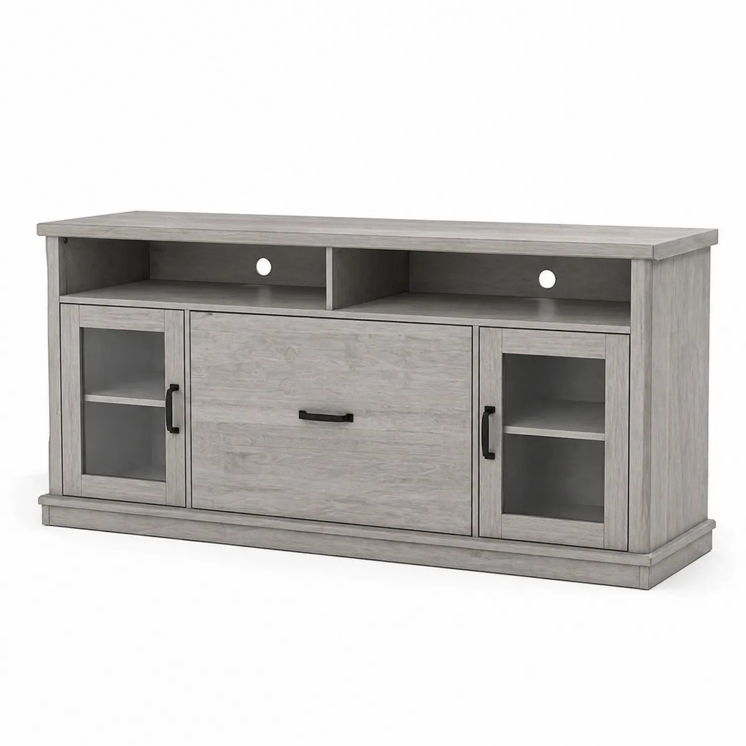 Meuble TV en Bois Composite avec Portes en Verre Trempé Gris-Velriver