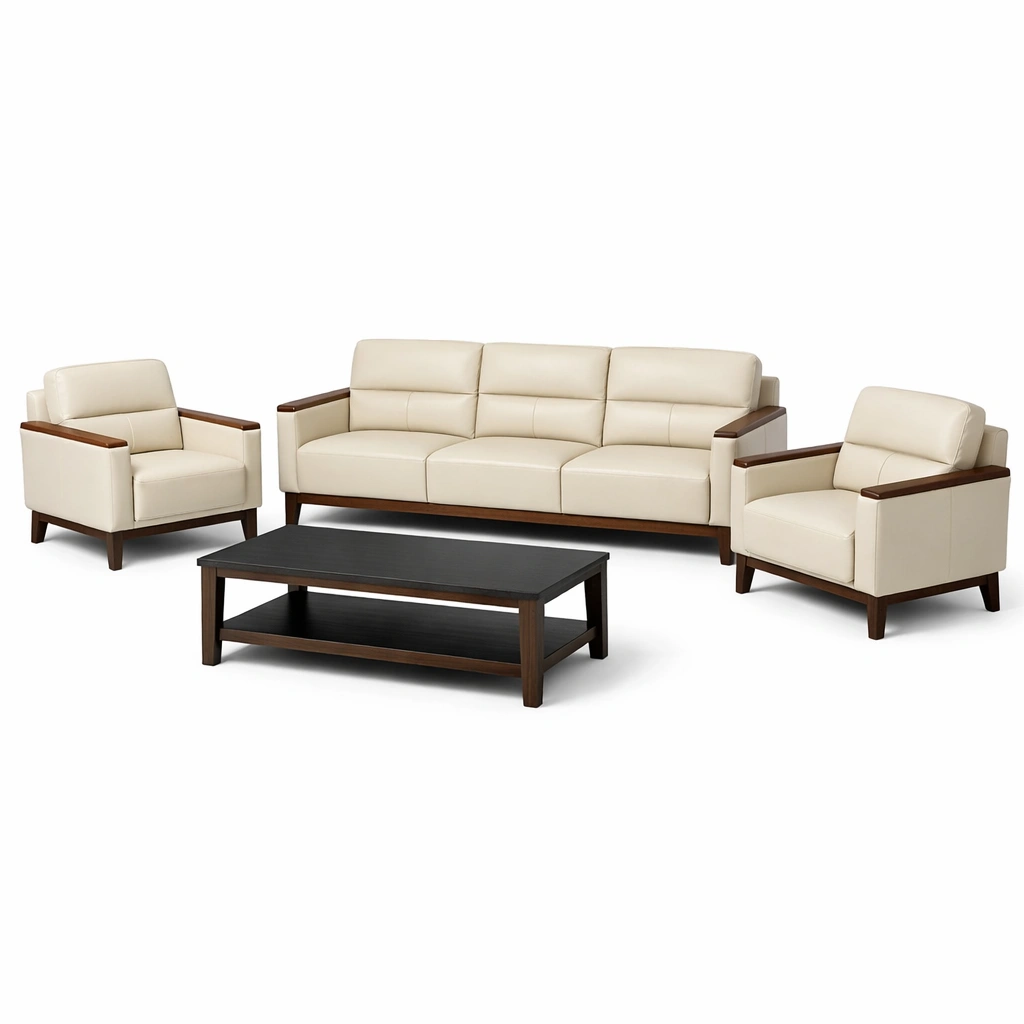 Conjunto de sofás de cuero beige y madera con mesa de centro-furnzera