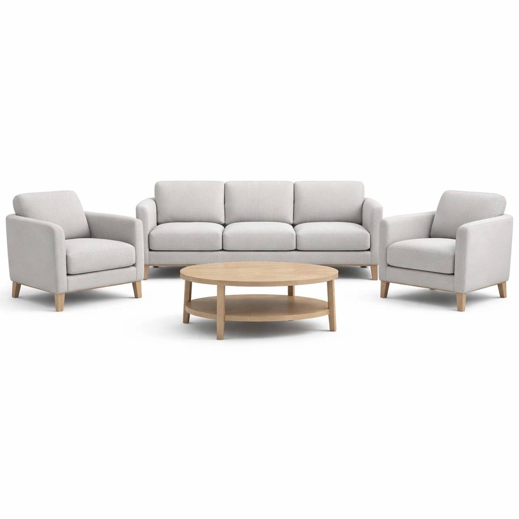 Conjunto de sofás de tela gris claro con mesa de centro redonda de madera-furnzera