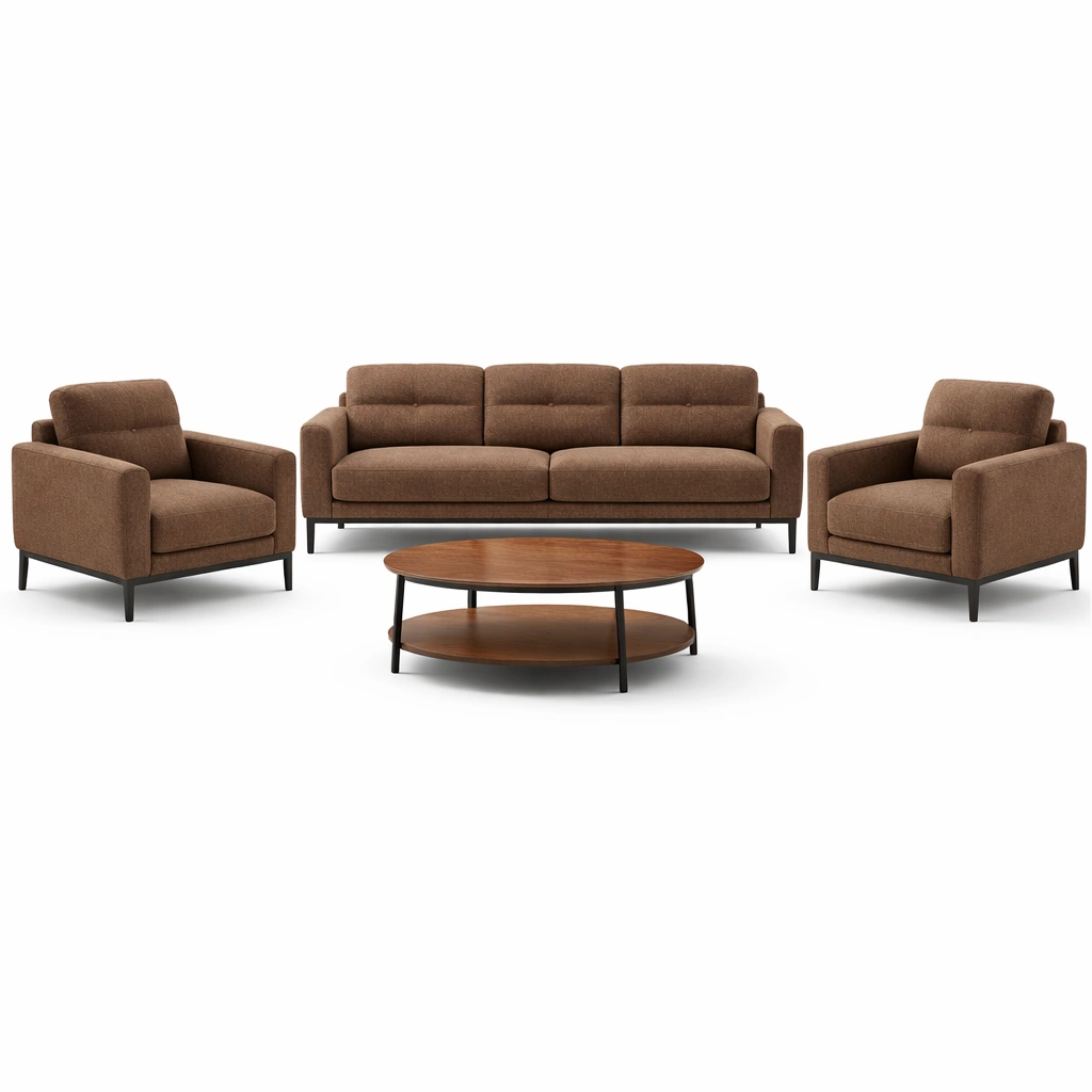 Conjunto de sofás de tela marrón con sillones y mesa de centro-furnzera