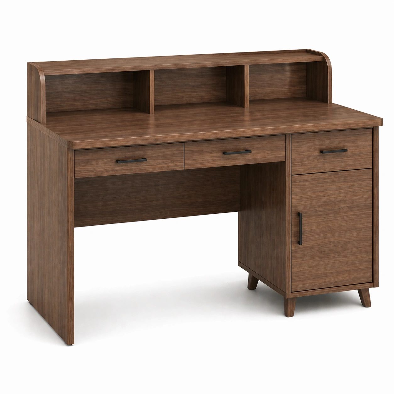 Escritorio de madera marrón con cajones y estantes integrados-furnzera
