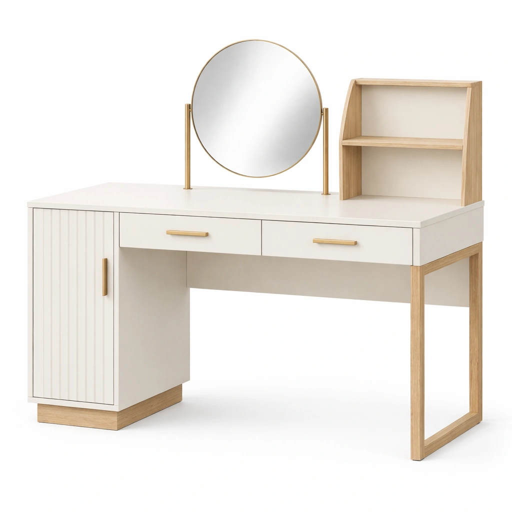 Tocador de mdf blanco con espejo redondo y madera-furnzera
