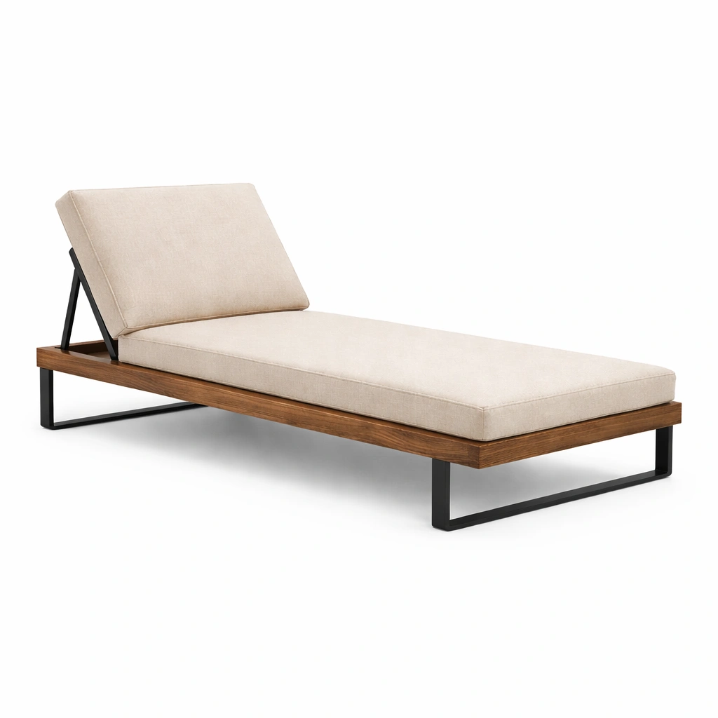 Tumbona de madera y acero con cojín beige-furnzera