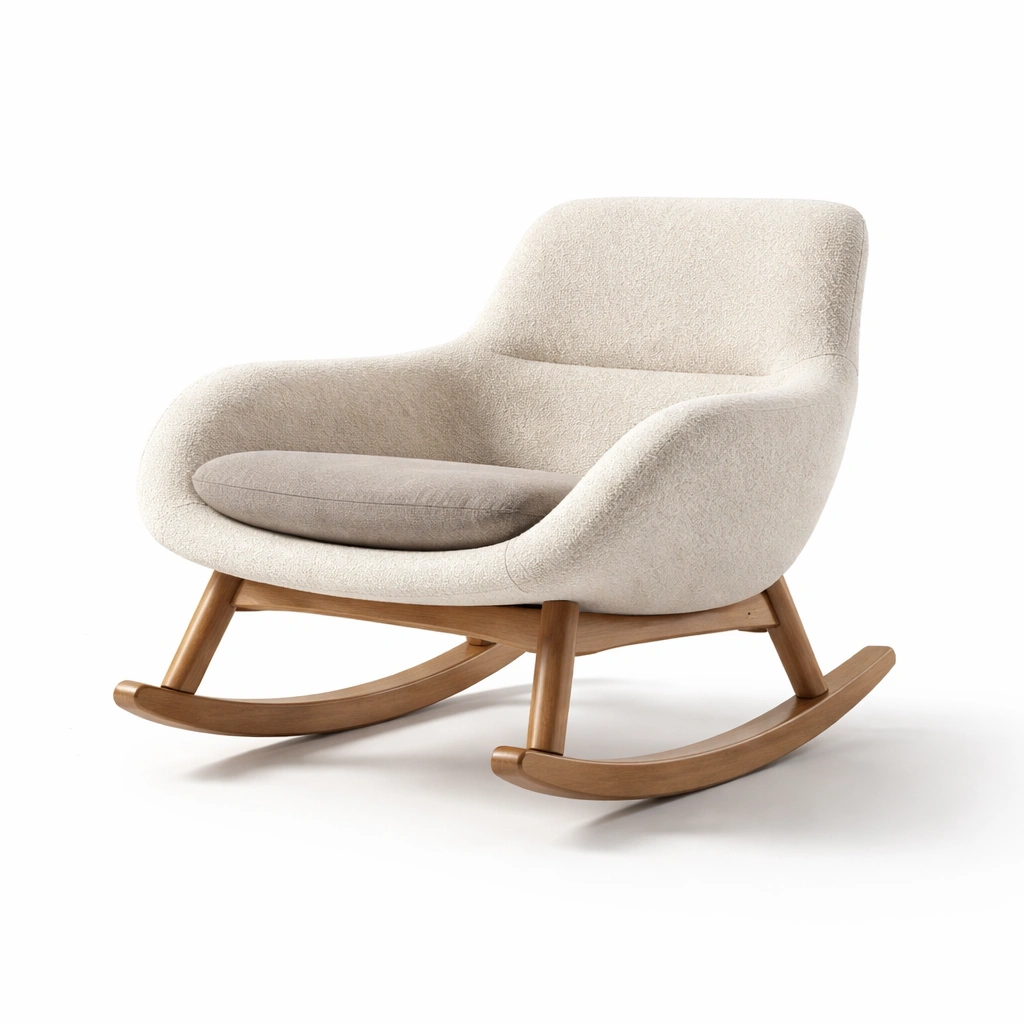 Silla mecedora de tela de poliéster beige y madera de roble-furnzera