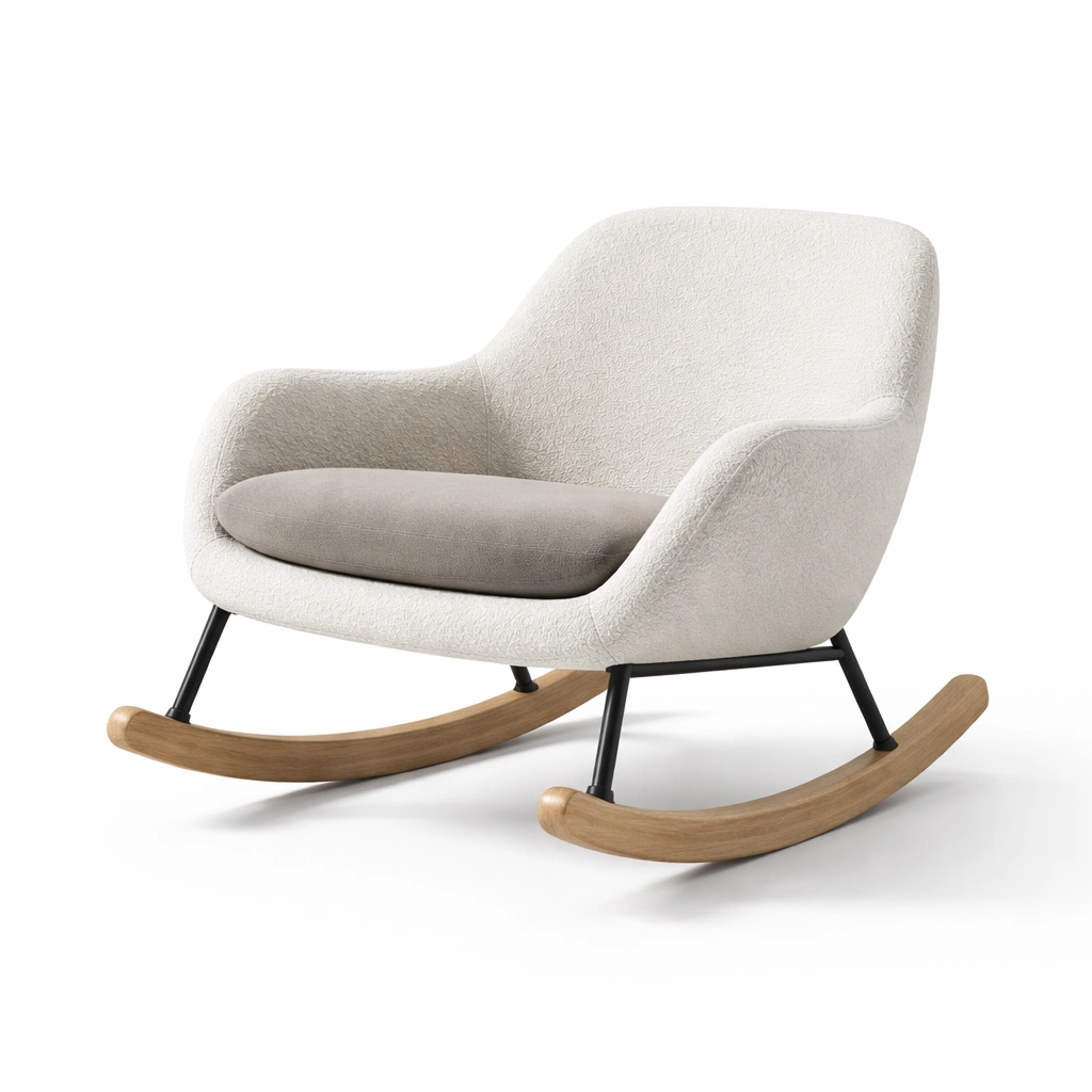Silla mecedora de poliéster con patas de metal y base de madera beige gris-furnzera
