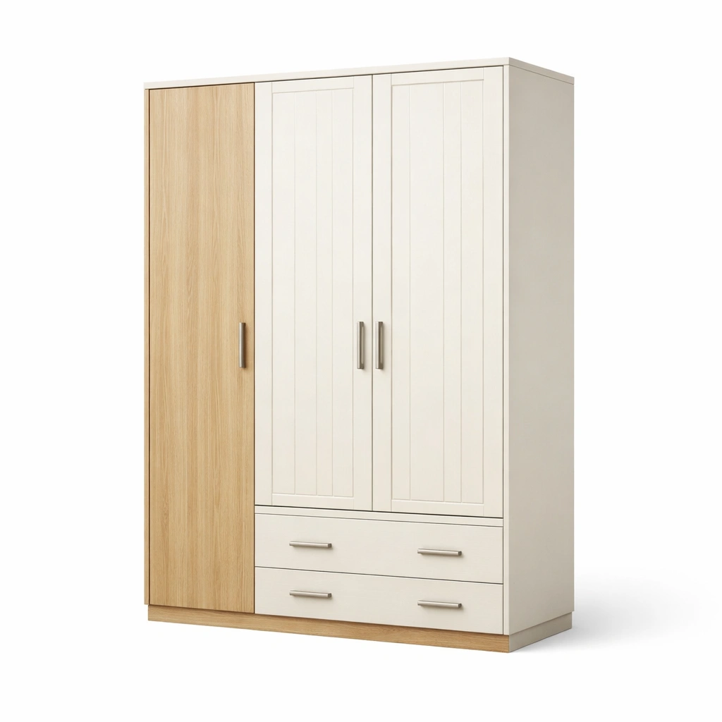 Armario de madera aglomerada con puertas y cajones blanco y roble-furnzera