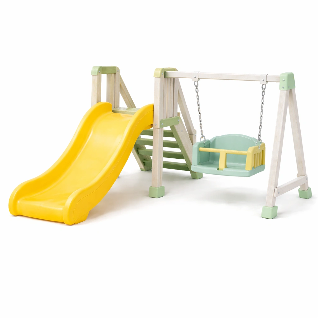 Parque infantil de madera y plástico con columpio y tobogán-roomunia