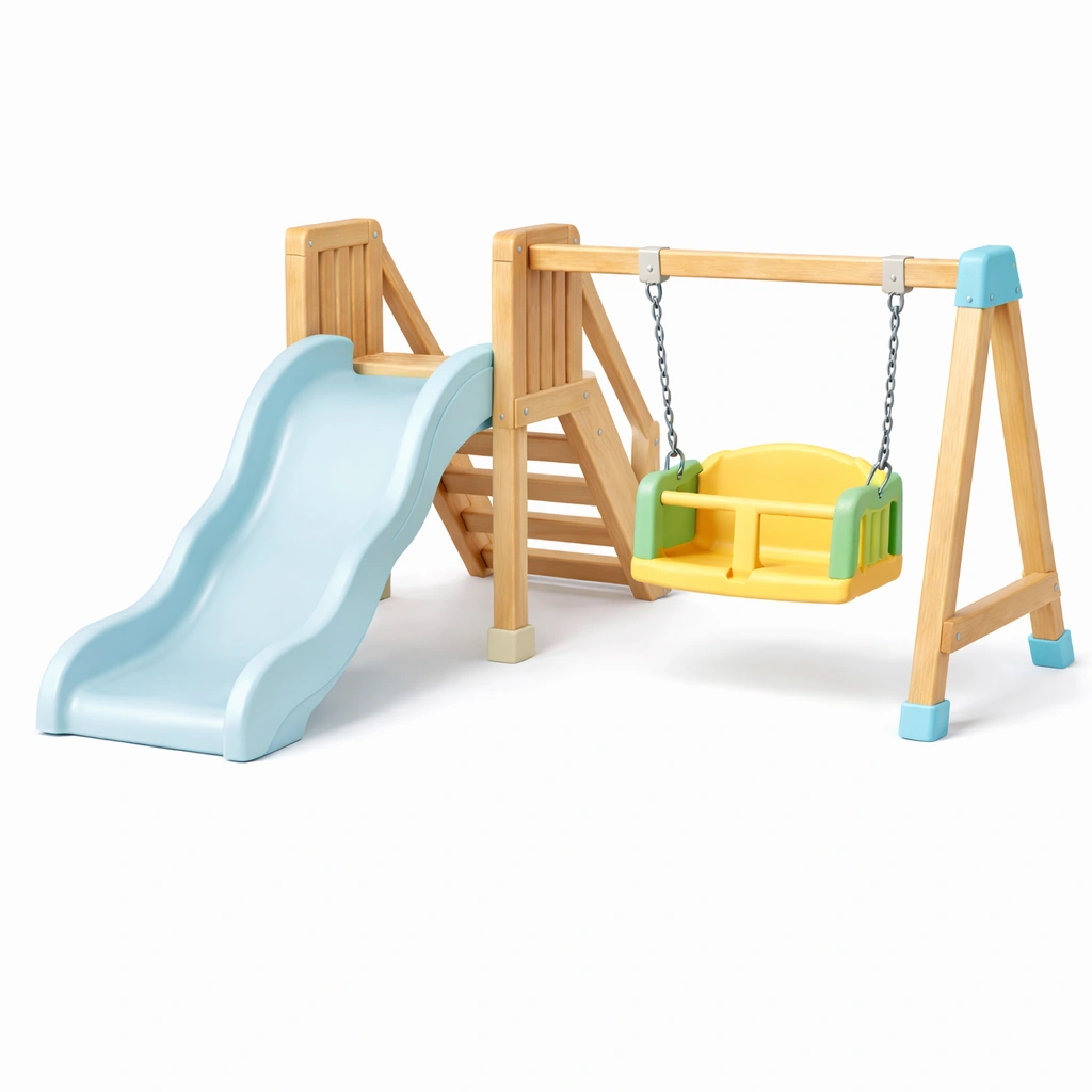 Parque infantil de madera con tobogán y columpio de colores-roomunia