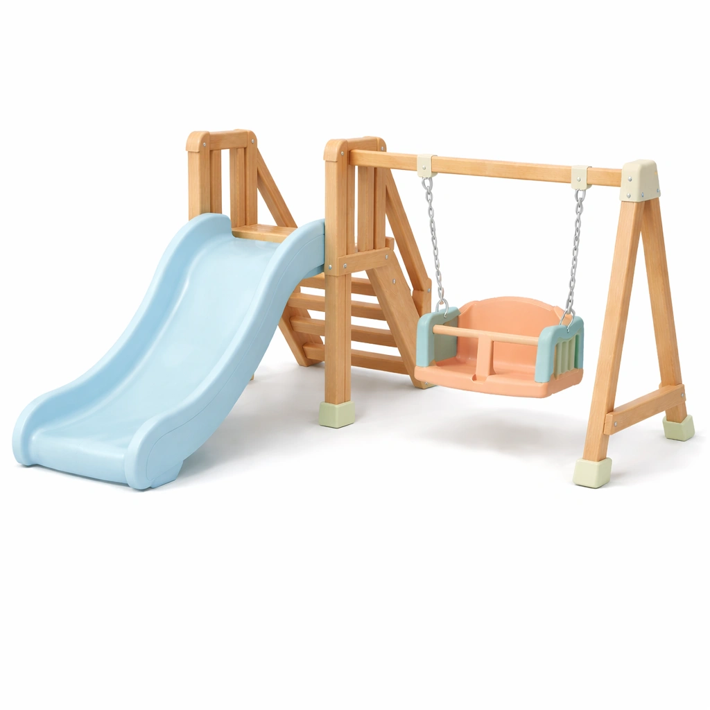 Parque infantil de madera y plástico pastel con columpio y tobogán-roomunia
