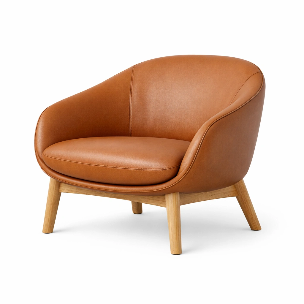 Sillón de cuero sintético marrón claro con patas de madera-roomunia