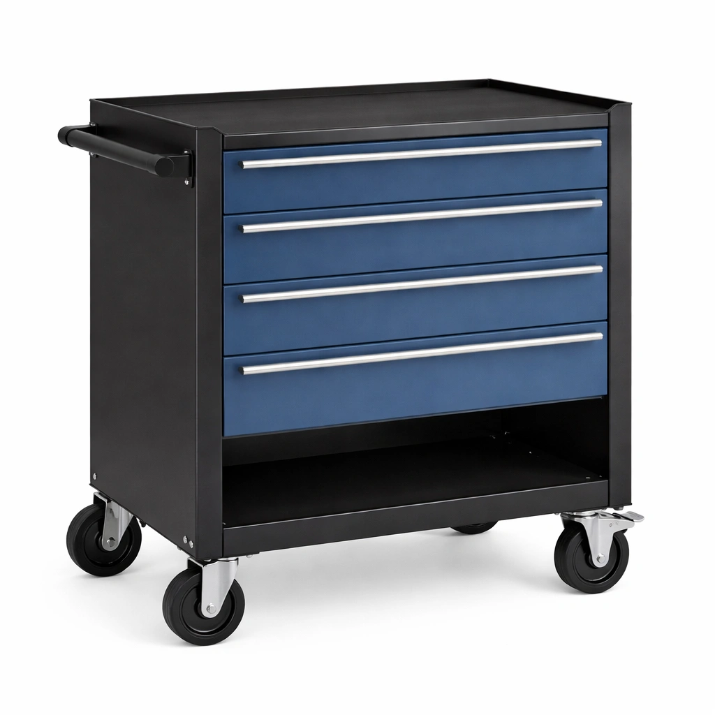 Carro de herramientas de metal con ruedas y cajones azul negro-roomunia