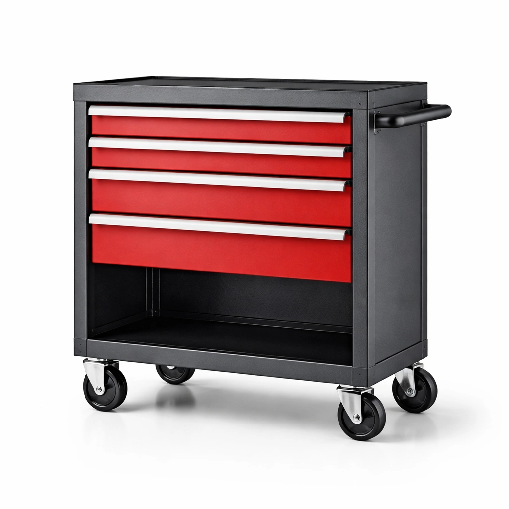 Carro de herramientas metálico con ruedas rojo y negro-roomunia