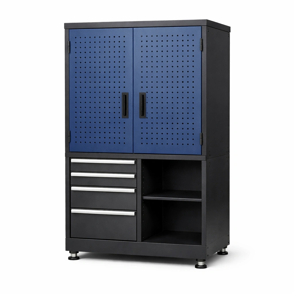 Armario de herramientas metálico con puertas perforadas azul negro-roomunia