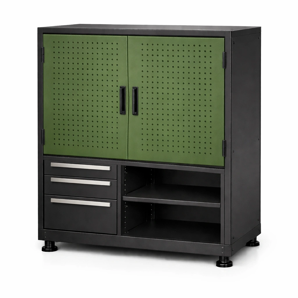 Armario de herramientas de metal con puertas perforadas verde-roomunia