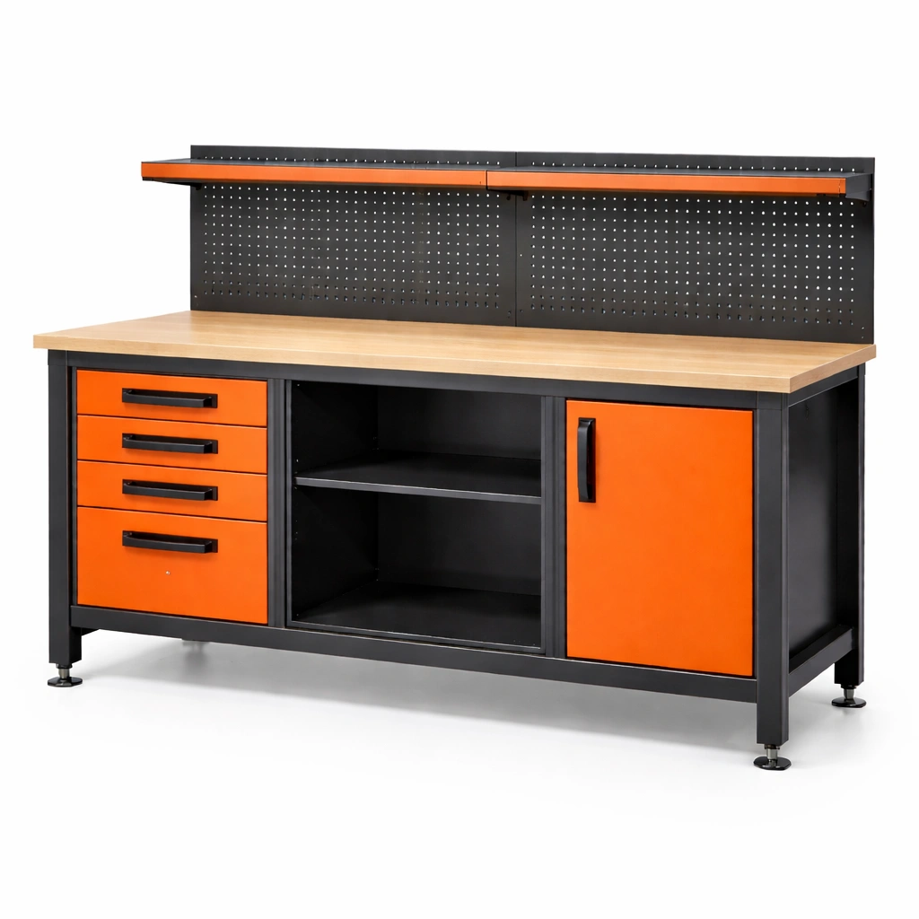 Banco de trabajo de acero y madera con cajones y estantes 153x76x155 cm naranja negro-roomunia