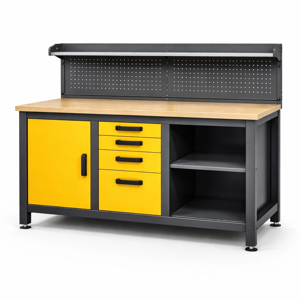 Banco de trabajo de acero y madera con almacenamiento 120x60x150 cm-roomunia