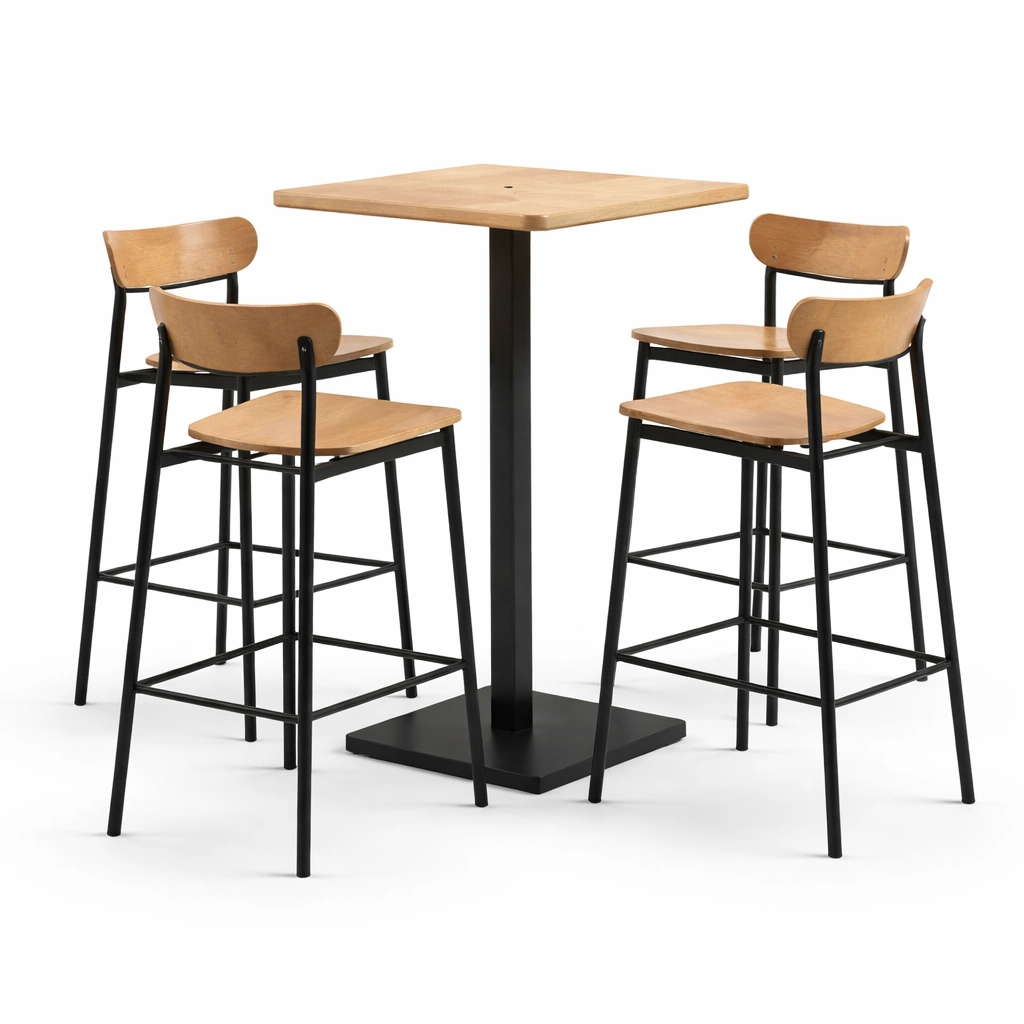 Conjunto de bar de mesa y sillas altas de madera y metal-roomunia