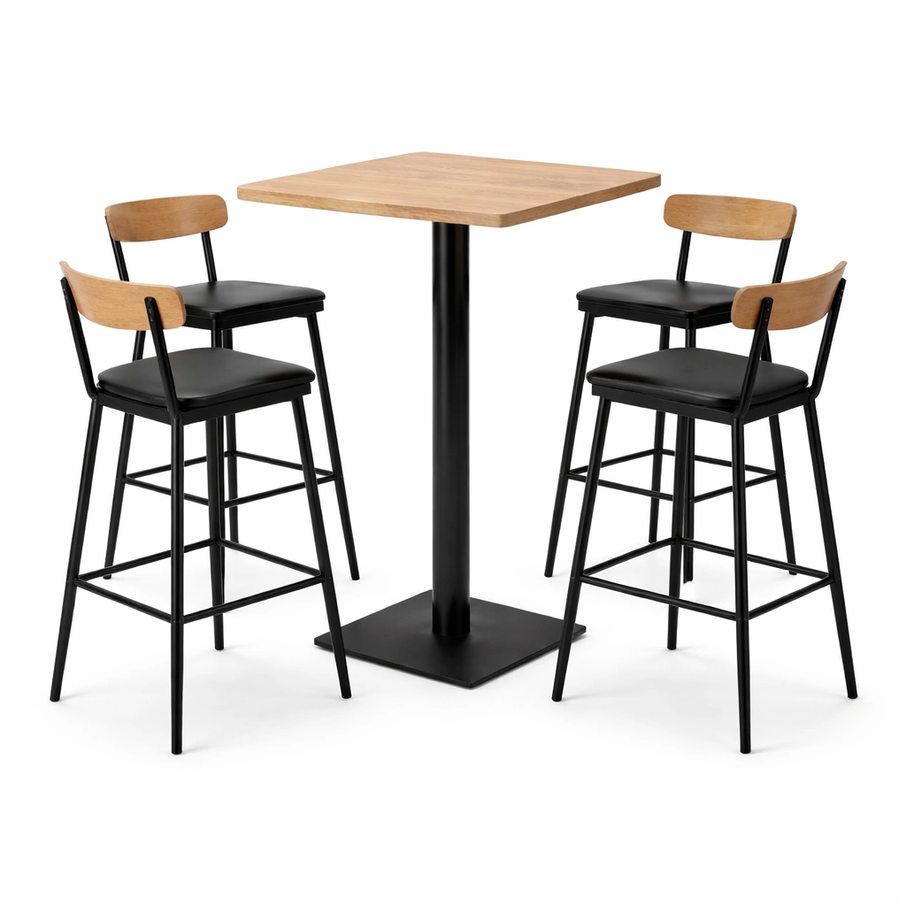 Conjunto de bar de mesa alta de madera y metal con sillas acabado simple-roomunia