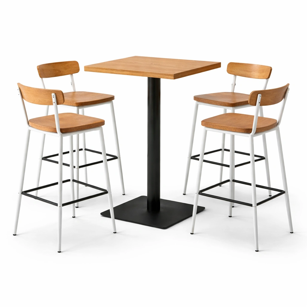 Conjunto de bar de mesa alta y taburetes de madera y metal-roomunia