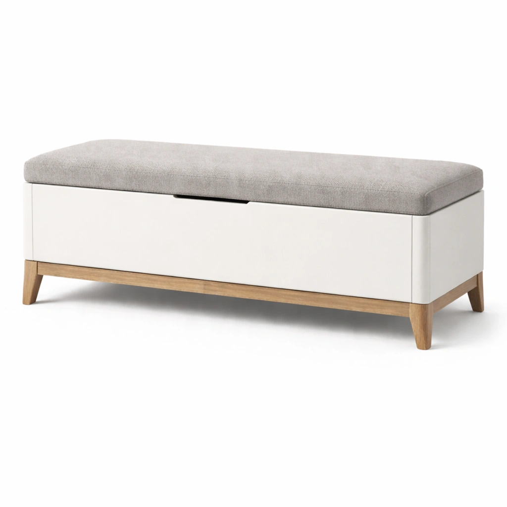 Banco con almacenamiento tapizado gris claro con estructura de madera-roomunia
