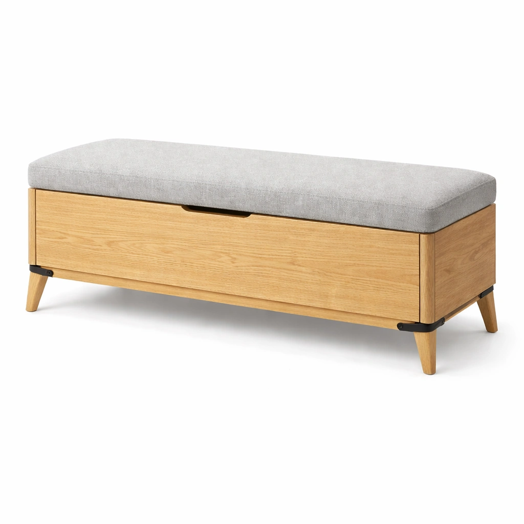 Banco con almacenamiento de madera y tapizado de lino-roomunia