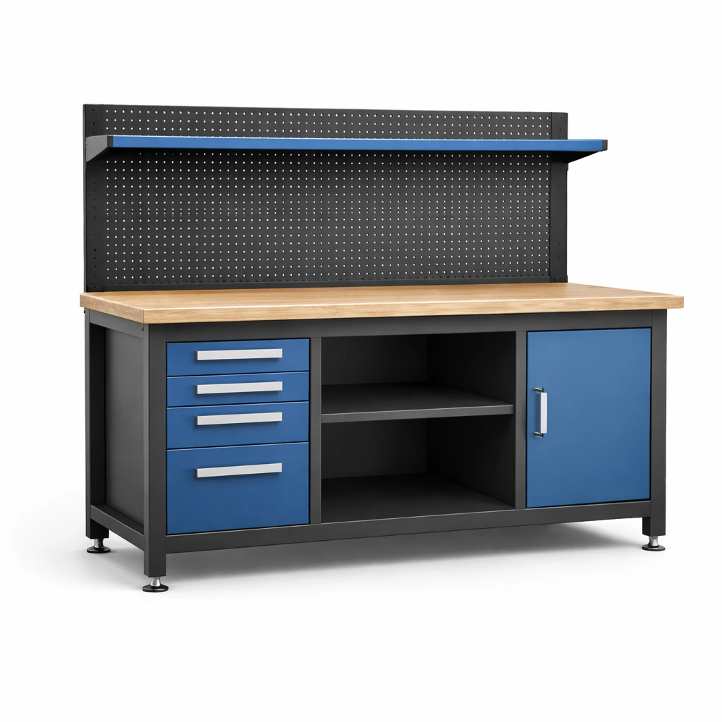 Banco de trabajo de madera y metal con cajones y panel perforado-furndexa