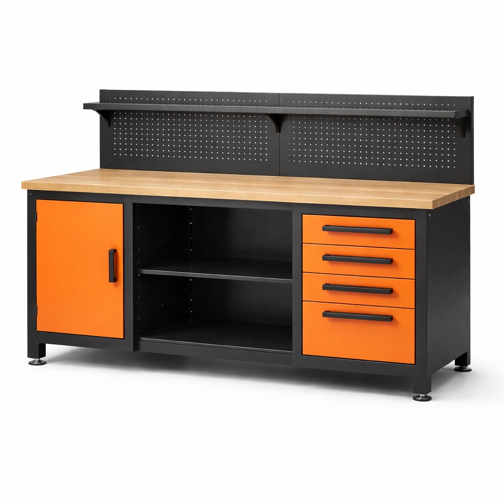 Banco de trabajo de acero y mdf con almacenamiento 160x60x90 cm negro naranja-furndexa