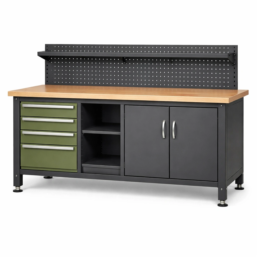 Banco de trabajo de metal con tablero de madera y almacenamiento negro verde-furndexa