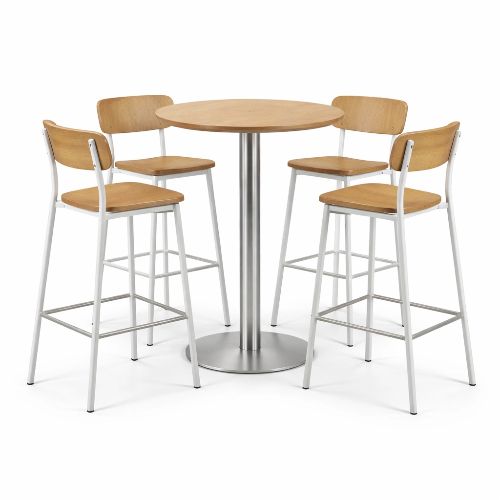 Conjunto de bar de mesa alta redonda de madera y sillas de acero-furndexa