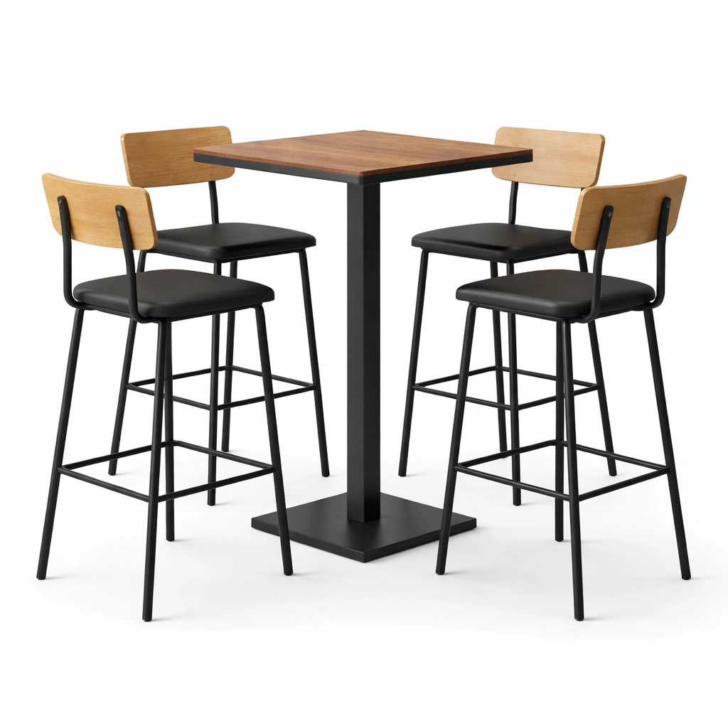 Conjunto de bar de mesa alta cuadrada y sillas de madera y metal negro-furndexa