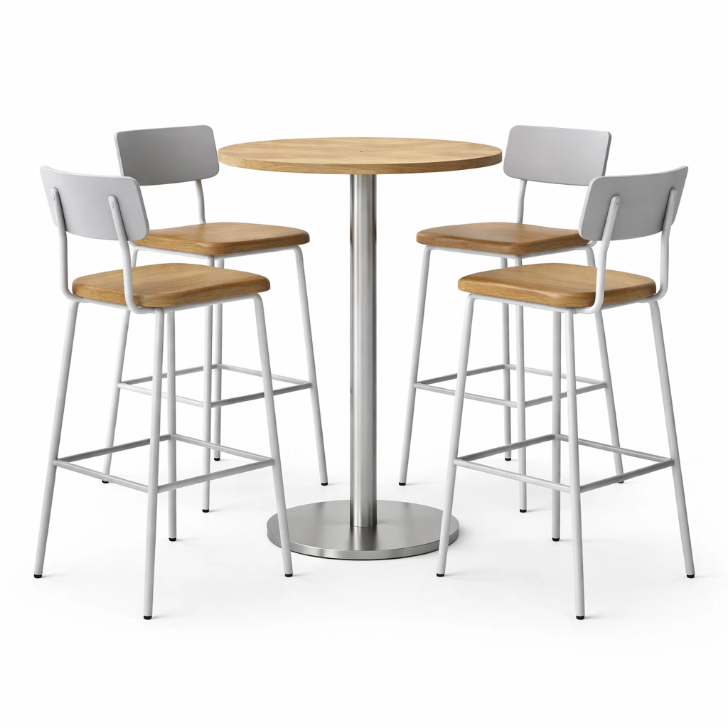 Conjunto de bar de mesa alta circular con taburetes de madera y metal-furndexa