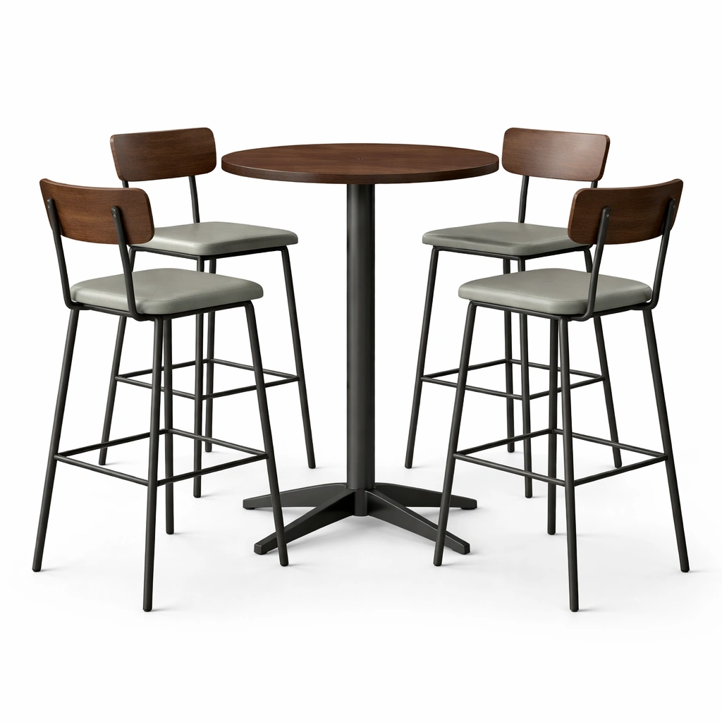 Conjunto de bar de mesa alta redonda y taburetes de acero y madera-furndexa
