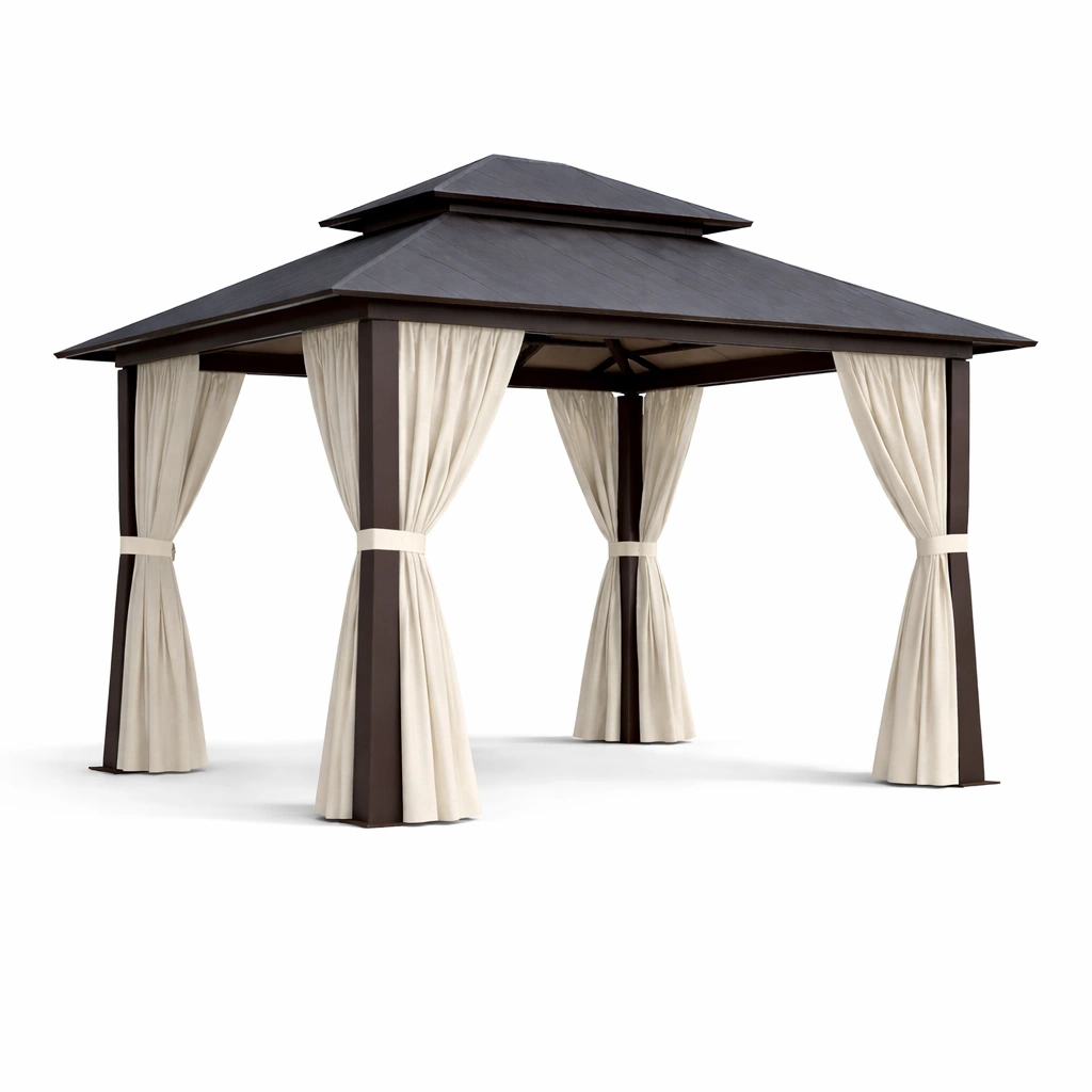 Gazebo de aluminio con techo de policarbonato y cortinas de poliéster-furndexa