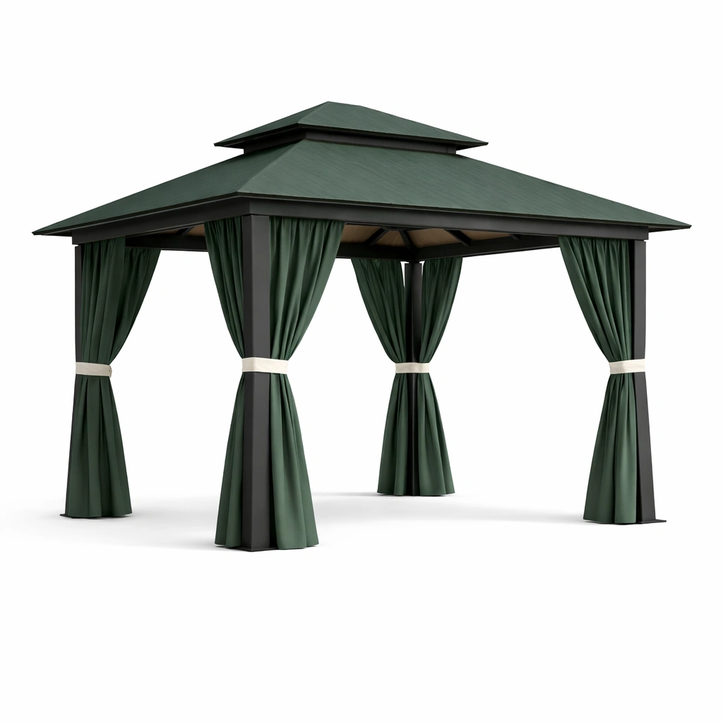 Gazebo de metal con cortinas de poliéster verde oscuro-furndexa