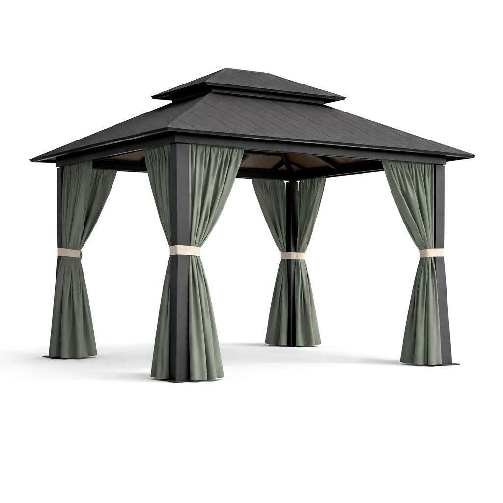 Gazebo de aluminio con cortinas de poliéster verde 300x300x270 cm-furndexa