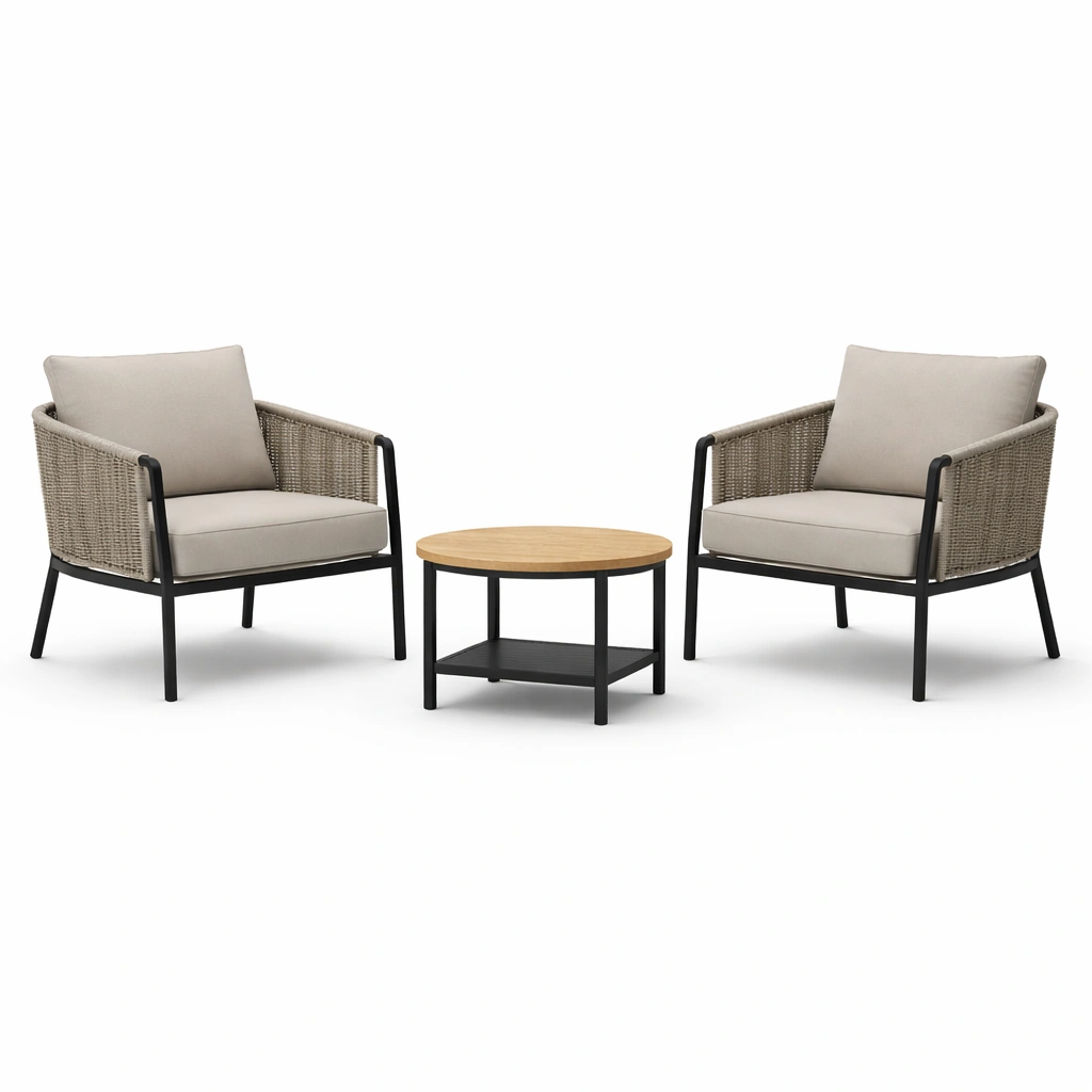 Conjunto de jardín con sillas de ratán y aluminio beige y mesa redonda de madera-furndexa