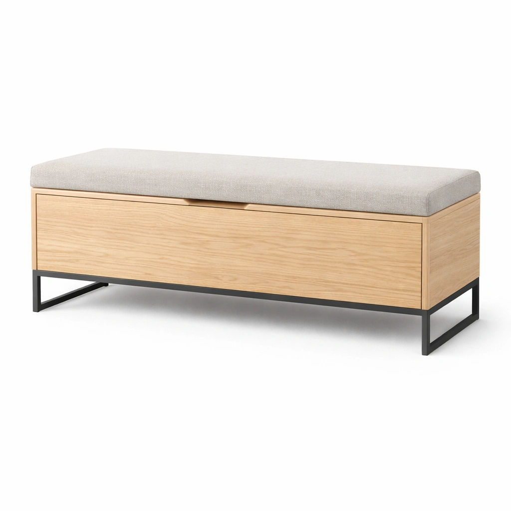 Banco con almacenamiento de madera y metal con cojín beige-furndexa