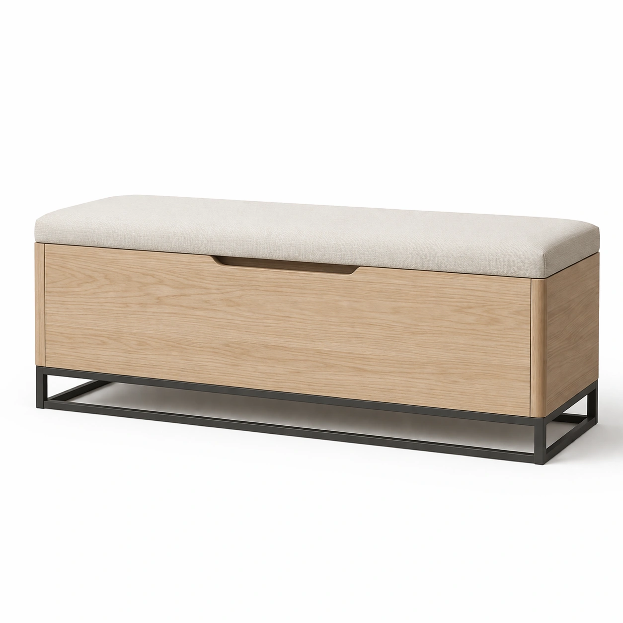 Banco con almacenamiento de madera y metal con asiento de tela beige-furndexa