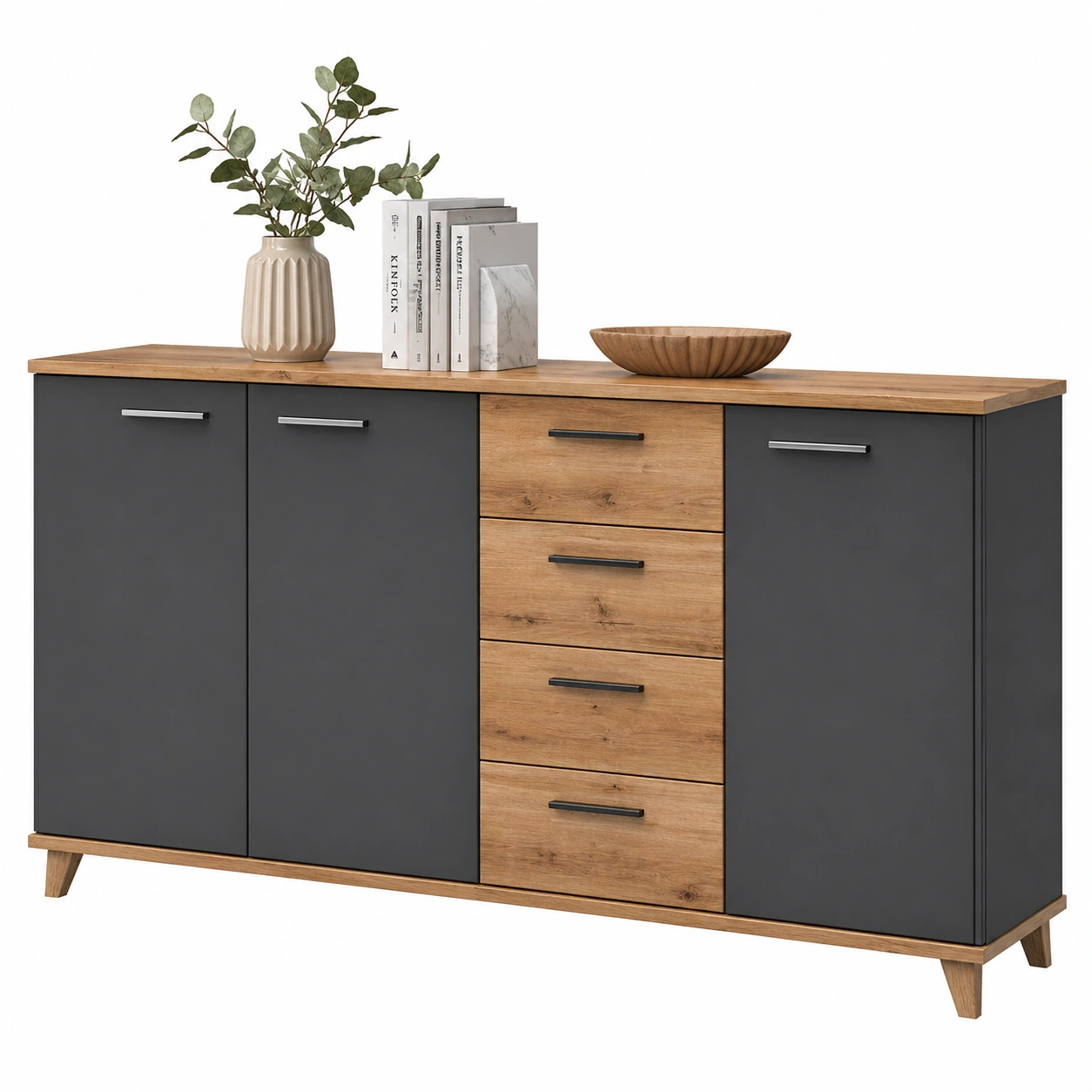 Kommode Sideboard Holzoptik Natur Weiß 3 Tueren 4 Schubladen 160 cm-furniservicepro