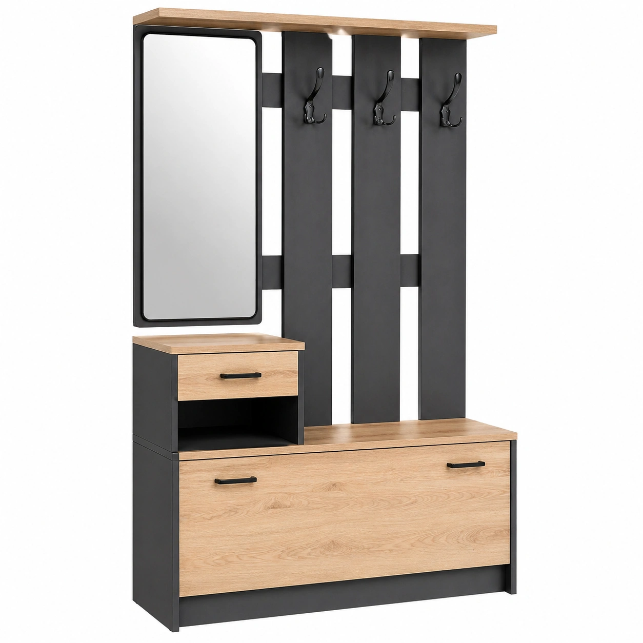 Moderne Garderobe in Schwarz mit Eiche-Optik und Spiegel, funktionales Flurmabel mit Stauraum-furniservicepro