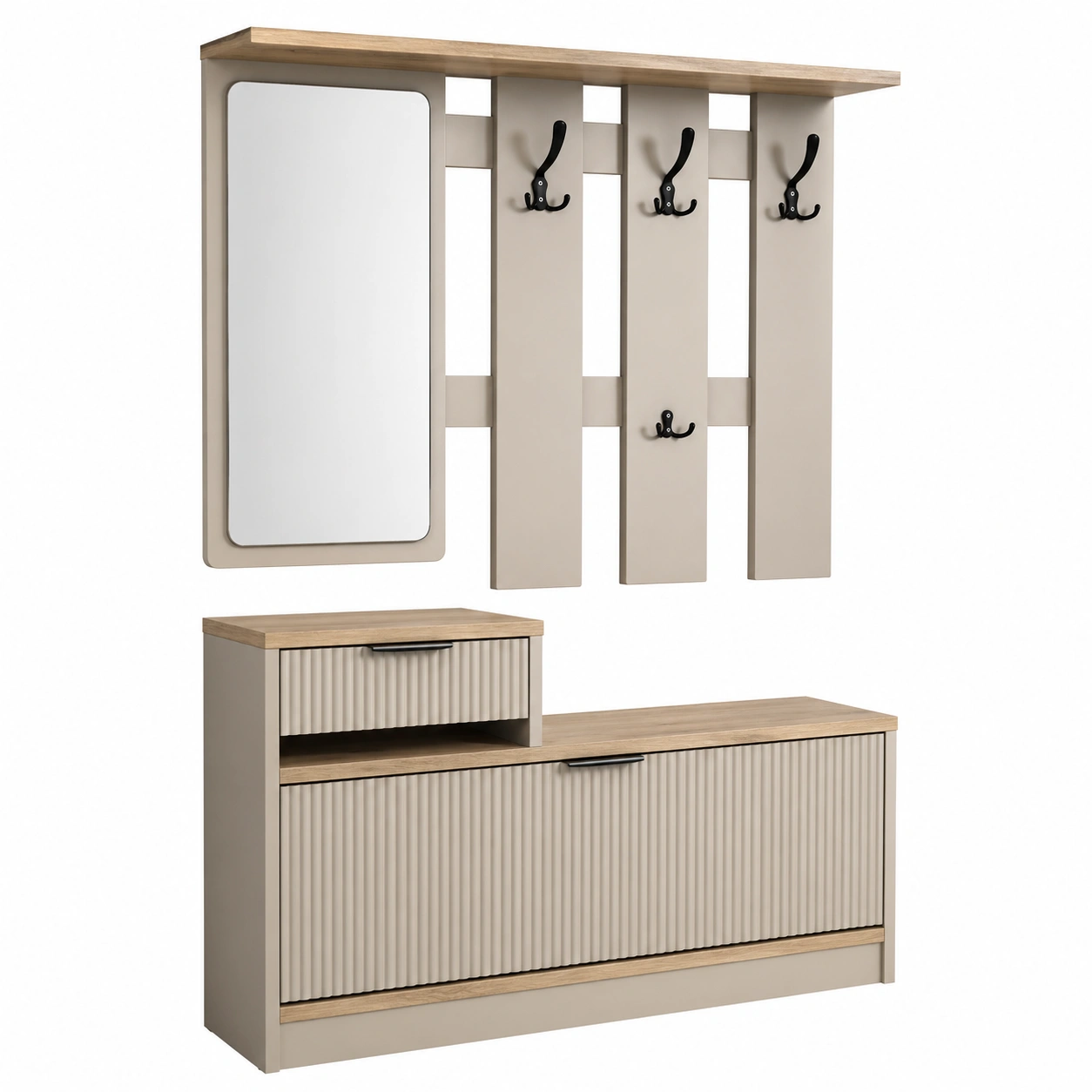 Moderne Garderobe in Beige mit Holzoptik und Spiegel 100x25x180 cm-furniservicepro