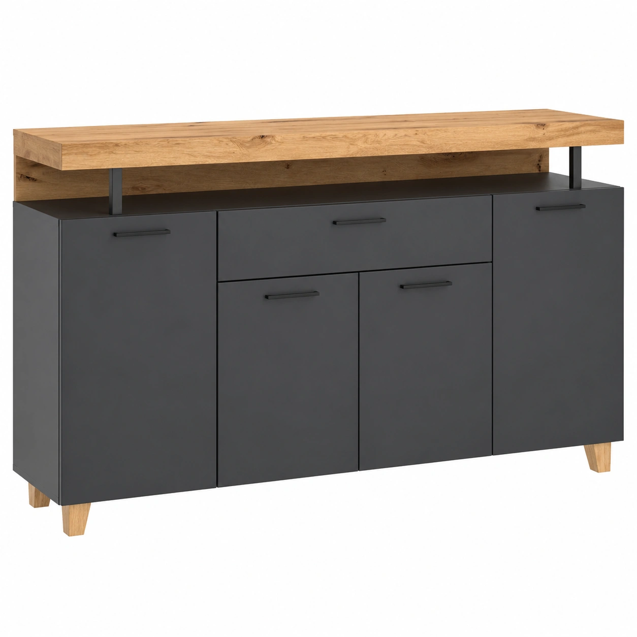 Sideboard modern Schwarz Holzoptik mit Aufsatzablage 3 Tueren 2 Schubladen 164x40x90 cm-furniservicepro
