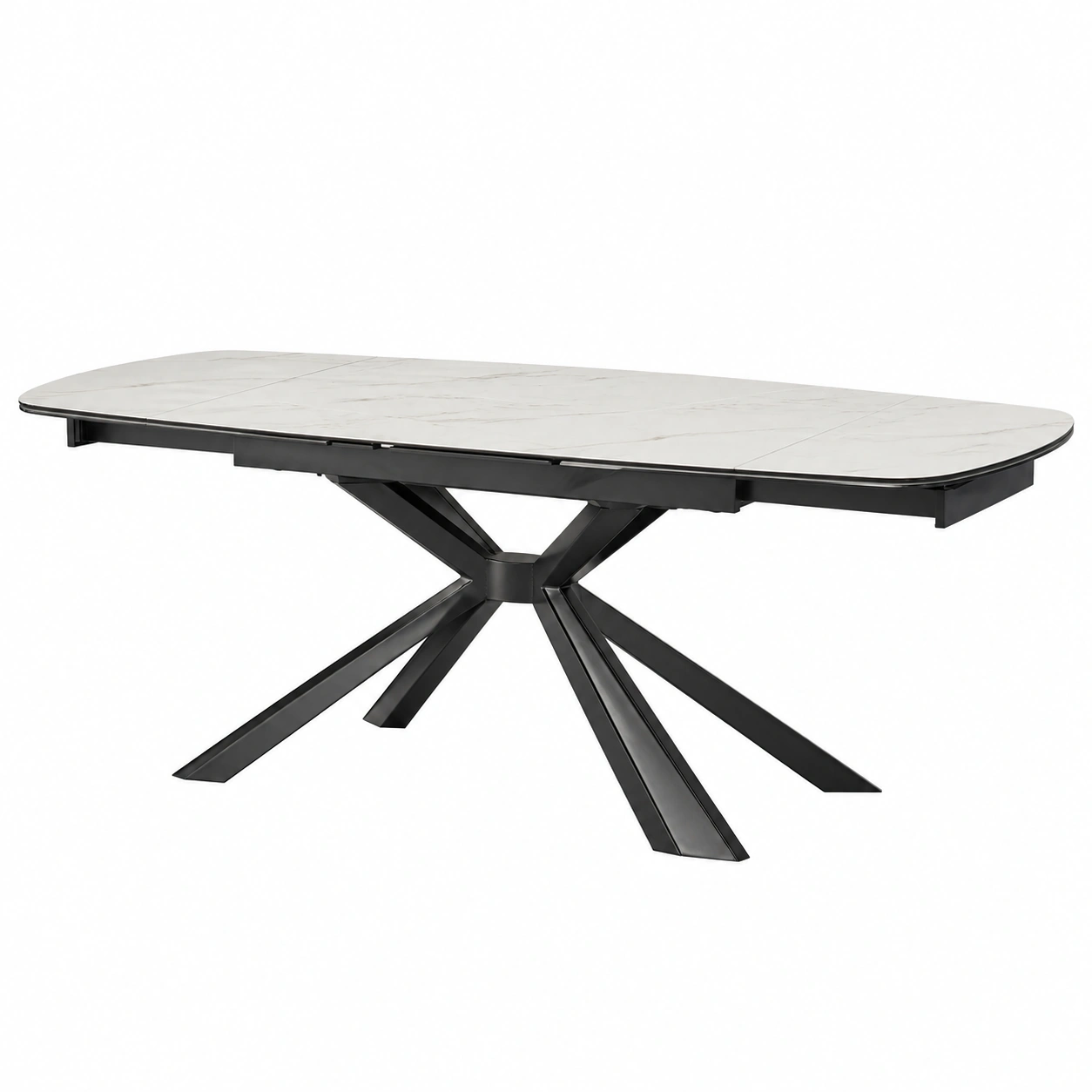 Moderner Esstisch in heller Steinoptik mit skulpturalem Metallgestell 160x90 cm ausziehbar-furniservicepro