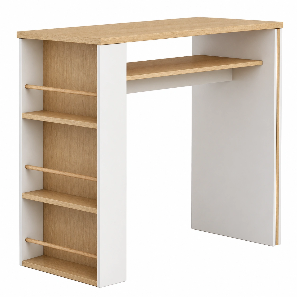 Bartisch mit integriertem Regal, moderner Stehtisch mit Stauraum, Holzoptik Weiß, platzsparendes Design für Küche und Wohnzimmer, funktionaler Arbeitsplatz-furnicarehub