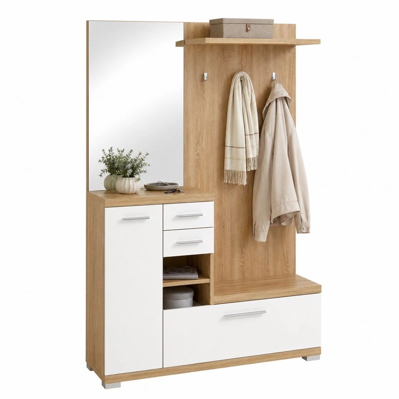 Moderne Garderobe mit Spiegel Weißs Hochglanz Eiche Optik Flurmoebel Set mit Stauraum und Hakenleiste-furnicarehub