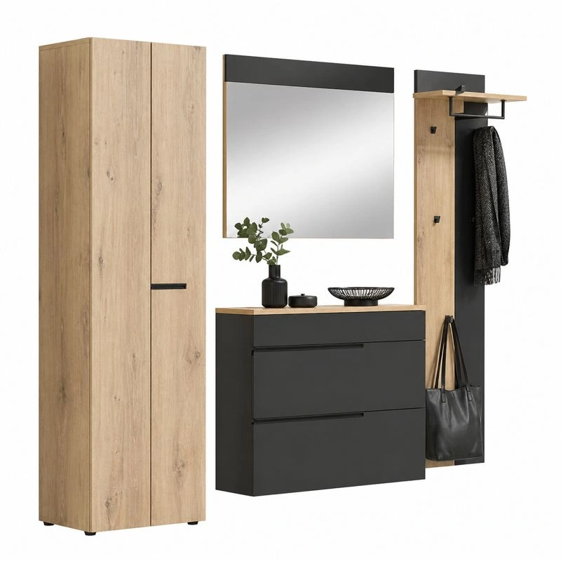Moderner Wandspiegel mit Holzoptik Rahmen und schwarzem Akzent, rechteckig, minimalistisch fuer Flur und Eingangsbereich-furnicarehub