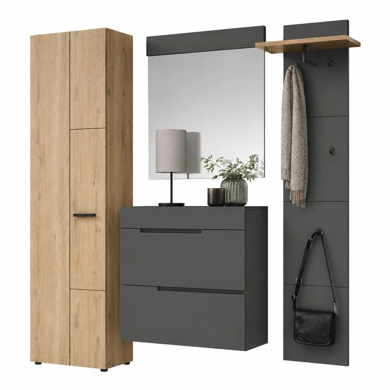 Garderobenpaneel mit Spiegel und Ablage Modern in Grau Holzoptik-furnicarehub