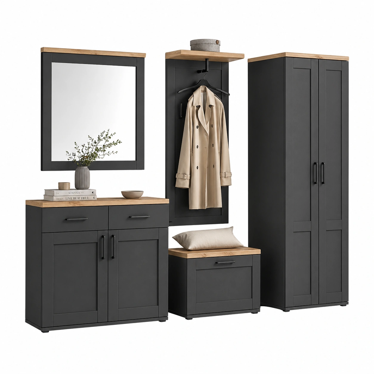 Moderner Garderobenschrank Schwarz/Eiche mit Doppeltür 201 cm-furnicarehub