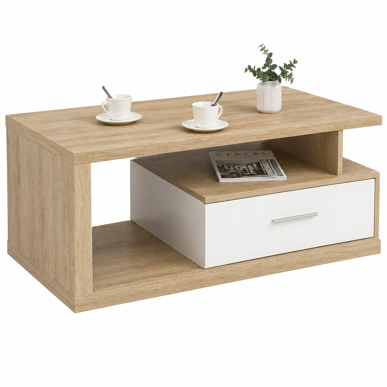 Moderner Couchtisch in Holzoptik Hell mit Schublade und Ablagefach Wohnzimmertisch Rechteckig 110 cm-furnicarehub